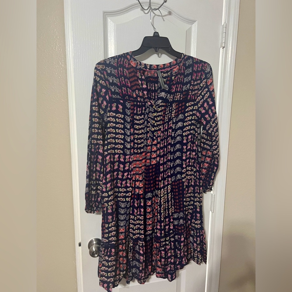 Anthropologie Navy Dress with Pink and Orange Floral Accents